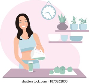 Flat cartoon illustration. Girl  makes a detox smoothie. Handmade fresh natural drink with apples.