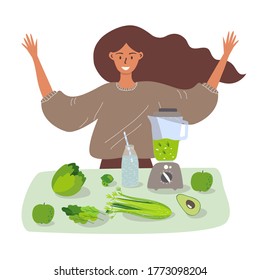 Flat cartoon illustration of a girl standing near a table with vegetables and a blender and showing how to make a detox smoothie. The concept of detoxification of the body and a healthy lifestyle.