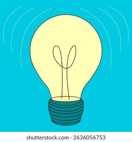 Flat cartoon illustration of an glowing light bulb icon on blue background. Symbol of idea, creativity and learning. For back to school theme, education visual, educational concept, classroom decor.