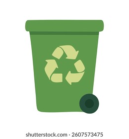 Flat cartoon illustration of green trash bin with recycling symbol. Eco-friendly waste container.