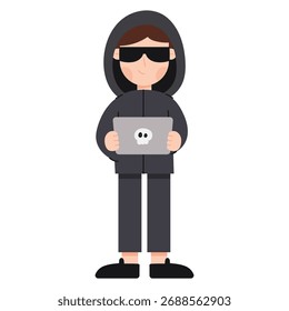 Flat cartoon illustration of a hacker character. Hacker character wearing a hoodie using a computer. Cybersecurity, coding, and hacking concept in minimal flat design style.