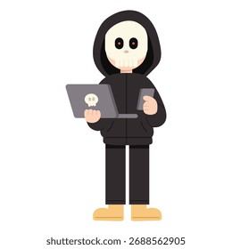 Ilustración plana de dibujos animados de un personaje hacker. Personaje hacker con una sudadera con capucha usando una computadora. Concepto de ciberseguridad, codificación y piratería en un estilo de diseño plano mínimo.
