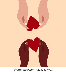 Flat cartoon illustration of a hand and a heart. Romantic concept of sharing love, charity, donation or volunteering. A vector illustration.
