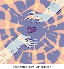 Flat cartoon illustration of hands and a heart. Romantic concept of sharing love, charity, donation or volunteering. A vector illustration EPS10