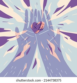 Flat cartoon illustration of hands and a heart. Romantic concept of sharing love, charity, donation or volunteering. A vector illustration EPS10