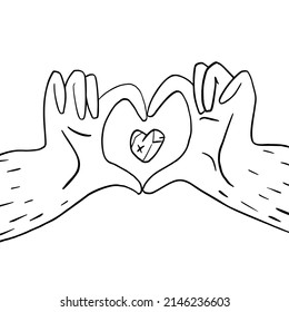 Flat cartoon illustration of hands and a heart. Romantic concept of sharing love, charity, donation or volunteering. A vector illustration EPS10