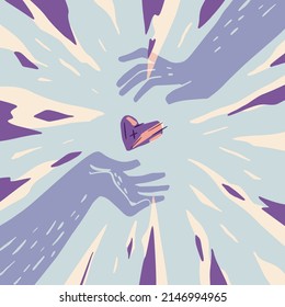 Flat cartoon illustration of hands and a heart. Romantic concept of sharing love, charity, donation or volunteering. A vector illustration EPS10