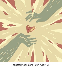 Dibujo plano de las manos y el corazón. Concepto romántico de compartir amor, caridad, donación o voluntariado. Una ilustración vectorial EPS10