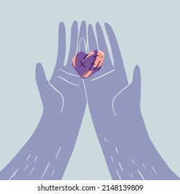 Flat cartoon illustration of hands and a heart. Romantic concept of sharing love, charity, donation or volunteering. A vector illustration EPS10