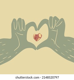 Flat cartoon illustration of hands and a heart. Romantic concept of sharing love, charity, donation or volunteering. A vector illustration EPS10