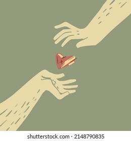 Flat cartoon illustration of hands and a heart. Romantic concept of sharing love, charity, donation or volunteering. A vector illustration EPS10