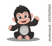 A flat cartoon illustration of a happy baby gorilla, illustration