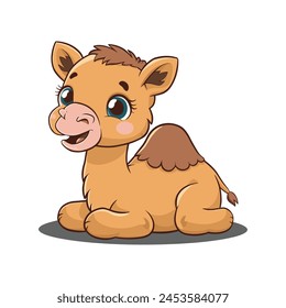 A flat cartoon illustration of a happy baby camel, illustration