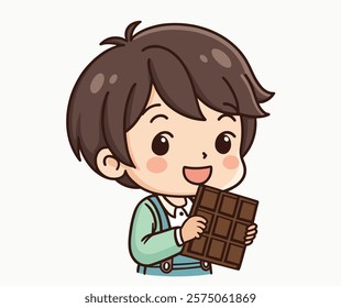 Flat Cartoon Illustration of a Happy child holding  Delicious Chocolate Bar. Concept character kid of Enjoy Tasty Sweet Dessert.