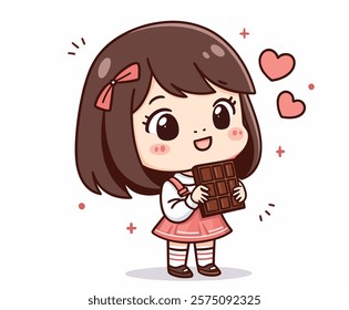 Flat Cartoon Illustration of a Happy girl holding  Delicious Chocolate Bar. Concept character kid of Enjoy Tasty Sweet Dessert.