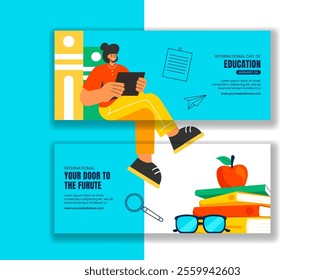 Flat Cartoon Illustration of International Education Day with Horizontal Banner Details