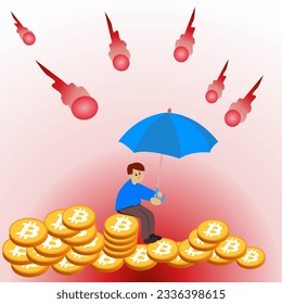 flat cartoon illustration of man holding umbrella on bitcoin coin storage and protection concept crypto