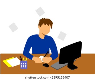 flat cartoon illustration of a man sitting at a desk working, writing notes in a book