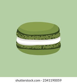 Flat cartoon illustration of matcha flavor green macaron filled with soft vanilla cream with aroma of green tea. The food is suitable as a dessert and casual snack dish