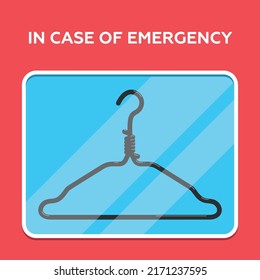 Flat cartoon illustration with metal hanger in container behind glass. Emergency box. Ban abortion in the USA. Law violates women's rights to terminate a pregnancy. Protection of human rights.