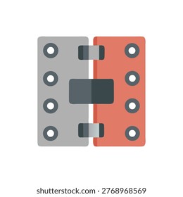 Flat, cartoon illustration of a metal hinge with red and grey elements and circular details, isolated on a black backdrop.