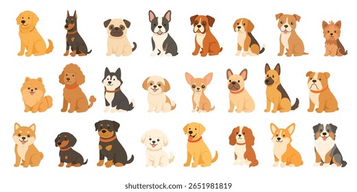 Ilustração de desenhos animados planos de vários cães, incluindo raças populares de cães como Labrador, Husky, Poodle, Shiba Inu e Bulldog. Estes cães bonitos são mostrados em uma pose sentada, ideal para projetos com tema de animais de estimação