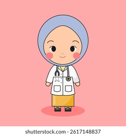 Flat cartoon illustration of Muslim female doctor wearing hijab and lab coat. Pink background. Ideal for children books and medical education.