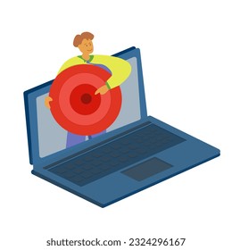 Flat cartoon illustration, On the computer there is a businessman holding a red bullseye in front of the screen.