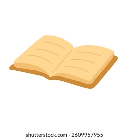 Flat cartoon illustration of an open book. Simple doodle in soft yellow and brown tones.