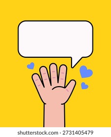 Flat cartoon illustration of an open hands up with a blank speech bubble surrounded by heart shapes. Suitable for communication, message, love, social media, and expression concepts.
