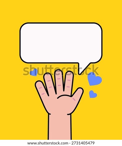 Flat cartoon illustration of an open hands up with a blank speech bubble surrounded by heart shapes. Suitable for communication, message, love, social media, and expression concepts.