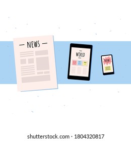 flat cartoon illustration of Opened newspaper, smartphone and tablet, top view. Latest news, comment and analysis. 