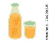 Flat cartoon illustration of orange juice bottle and glass. Bright summer drink with citrus slices.