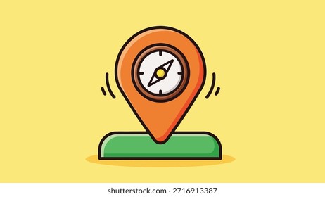 Flat cartoon illustration of an orange map pin icon featuring a compass, symbolizing location, direction, and navigation on a green base.