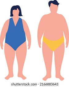 Flat cartoon illustration of overweight woman and man. Plus size person male and female characters. Body positive . I love my body. Adults with overweight problems. Isolated on a white background.