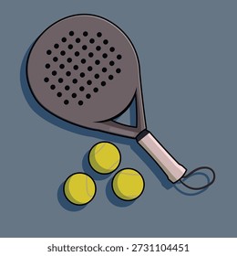 Ilustração plana dos desenhos animados de raquete padel e bola no fundo azul