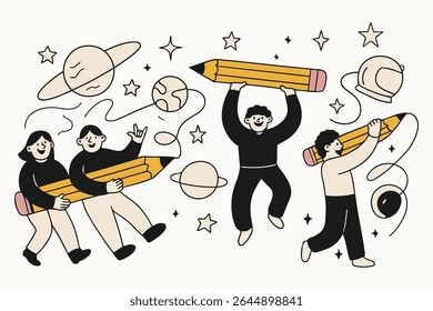 Flat cartoon illustration of people drawing planets, stars, and space objects with giant pencils. Great for creative, educational, imagination, exploration, and science-themed designs.