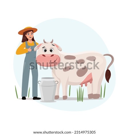Flat cartoon illustration of a pretty young farm woman standing next to the cow and a milk stainless steel barrel. Farm, garden, milking, agriculture concept. 
