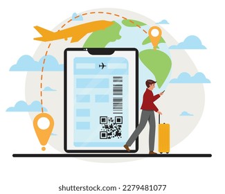 Flat cartoon illustration of a running man trying to get in time for boarding. Travel, destination, vacation, business concept illustration.