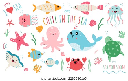 Flat cartoon illustration sea world, octopus, whale, fish, turtle, starfish, corals, shells, jellyfish, crab and lettering. Kawaii eyes