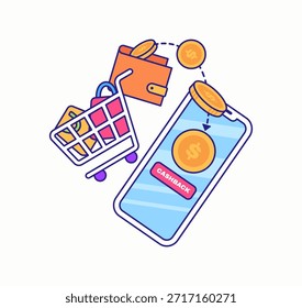Ilustración plana de dibujos animados que muestra compras móviles con recompensas de devolución de dinero, monedas, billetera y Carrito de compras. Estilo de Vector colorido ideal para el comercio electrónico, pago digital, fintech y compras en línea