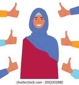 A flat cartoon illustration of a smiling woman in a hijab surrounded by thumbs up. The concept of public approval, positive opinions and audience recognition.