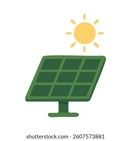 Flat cartoon illustration of solar panel and sun. Symbol of renewable green energy and eco power.