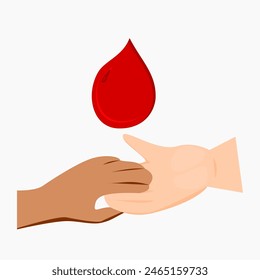 flat cartoon illustration of two hands hold each other with blood droplet on top isolated on white background