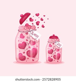Flat cartoon illustration of two jars with hearts on light pink background. Valentine's day decoration. Design for postcards, banners, posters, advertising, social media, flyers. Vector illustration. 