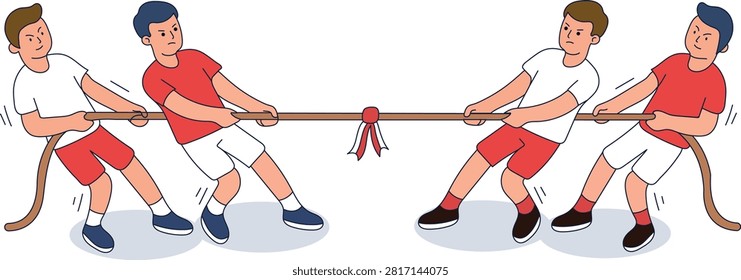 Flat cartoon illustration of two teams competing in a tug of war game. Represents teamwork, collaboration, competition, leadership, cooperation, strategy, motivation, team building, and sports activities. Ideal for business presentations, educational materials, blogs, websites, infographics, training content, and event promotions.