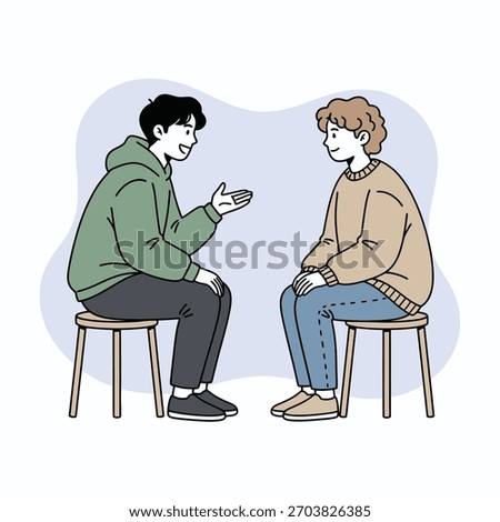 Flat cartoon illustration of two young men having a casual conversation while sitting on stools.