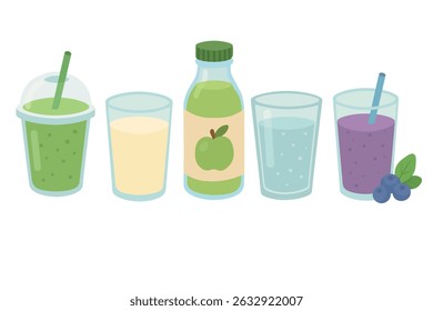 Ilustración plana de dibujos animados con varias bebidas, incluyendo batido, jugo, leche y agua.