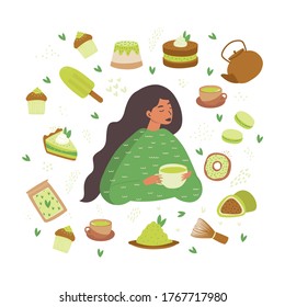 Flat cartoon illustration of various tea products made from matcha. The girl is holding a Cup. Matcha powder, macaroons, ice cream, mochi, cake, bamboo whisk, teapot, drink, tea, tea leaves.