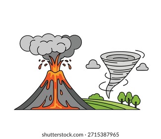 Ilustración plana de dibujos animados de una erupción volcánica con lava, humo y ceniza, que representa un desastre natural, un peligro geológico y un concepto de peligro ambiental.